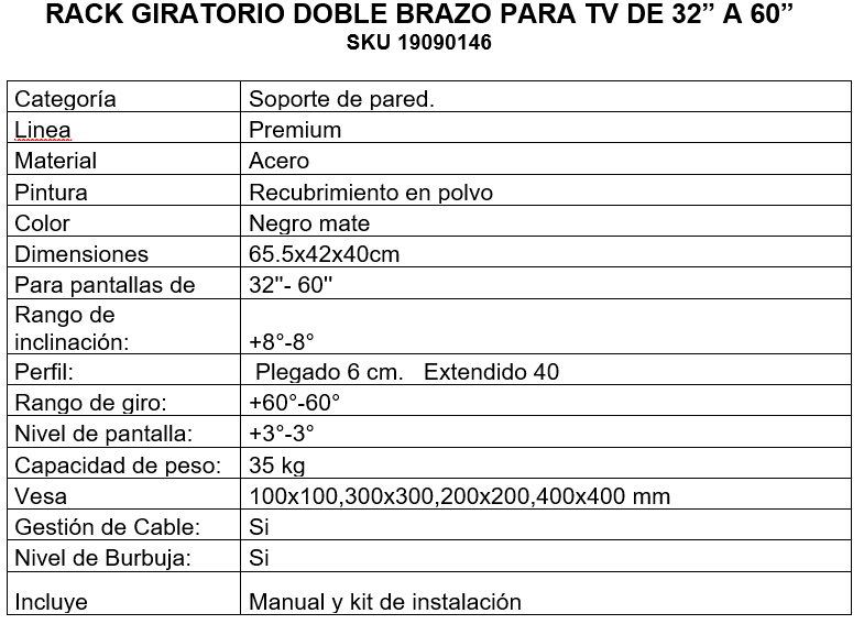 RACK GIRATORIO DOBLE BRAZO PARA TV DE 32 A 60 – I